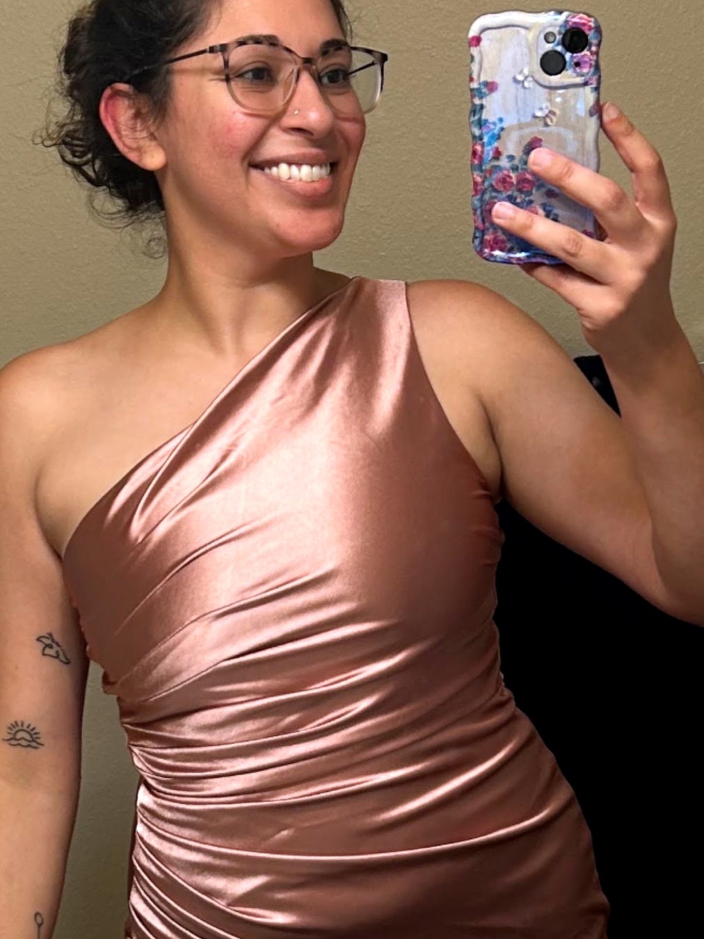 One-Shoulder Satin Dress in Rose Gold